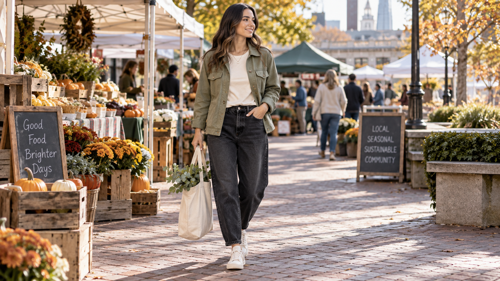 Sage Green Utility Jacket with Cream Tee Dark Barrel Jeans and Cream Sneakers